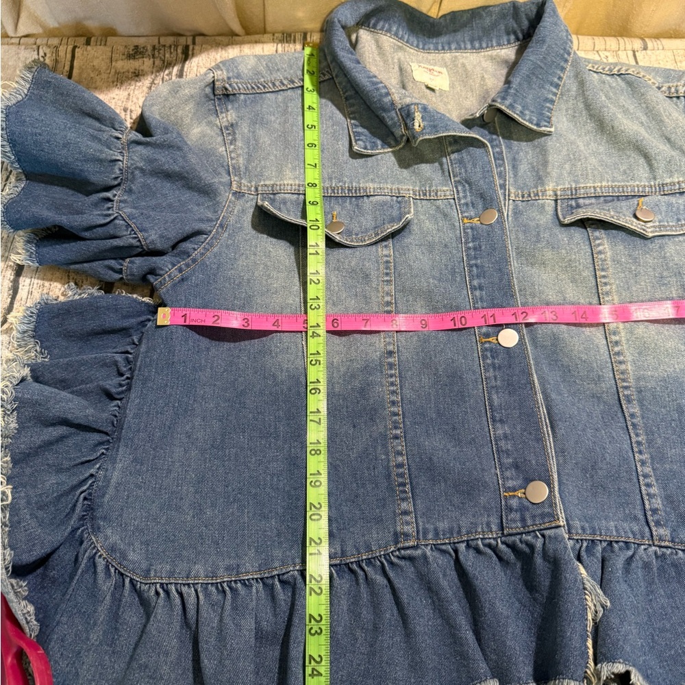 Hayden Denim Distressed Ruffle Jacket Short Sleeve Boho Flap Pockets Ombré 1XL - Picture 12 of 12